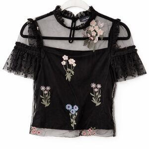 Lea & Viola Sheer Embroidered Floral Mesh Top